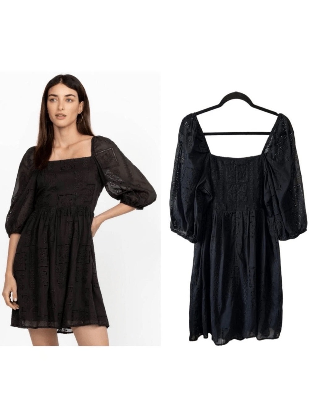 NWT Johnny Was Size L Cotton and Silk Black Square-Neck Puff Sleeve Dress